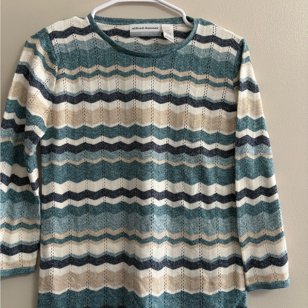 Alfred Dunner Women's Chevron Sweater - Teal, Cream, and Gray